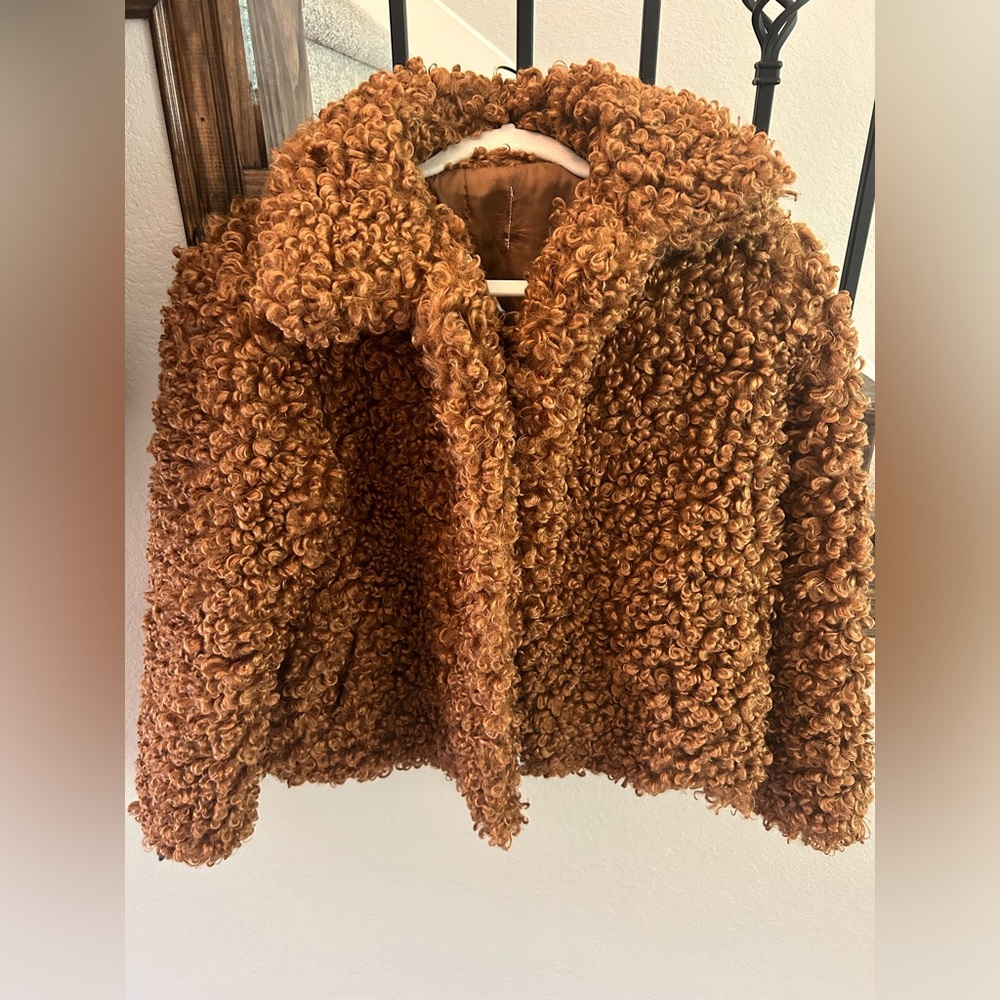 Women's ZARA Fuzzy Curly Shaggy Faux Fur Golden Brown Jacket Sz Small